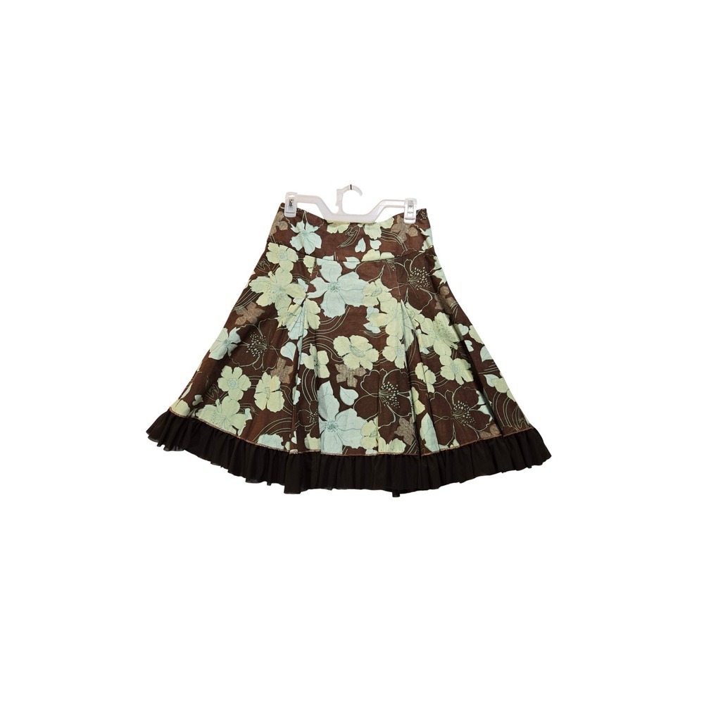 Vanklee Linen Skirt Womens S A-Line Brown Mint Green Floral Tulle Ruffle EUC